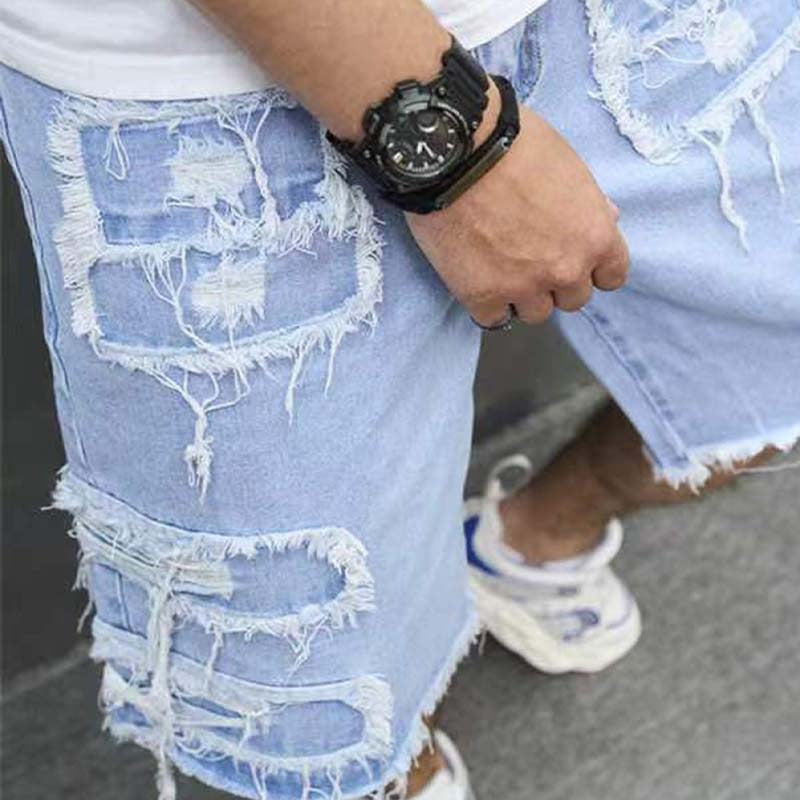🩳 ¡50 % DE DESCUENTO! 🔥 Pantalones cortos de vaquero rasgados para hombre con detalles de flecos: estilo desenfadado y corte cómodo. Perfectos para los calurosos días de verano, los festivales o un look urbano relajado ☀️