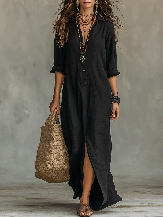 Soline™ | Vestido largo negro fluido con botones