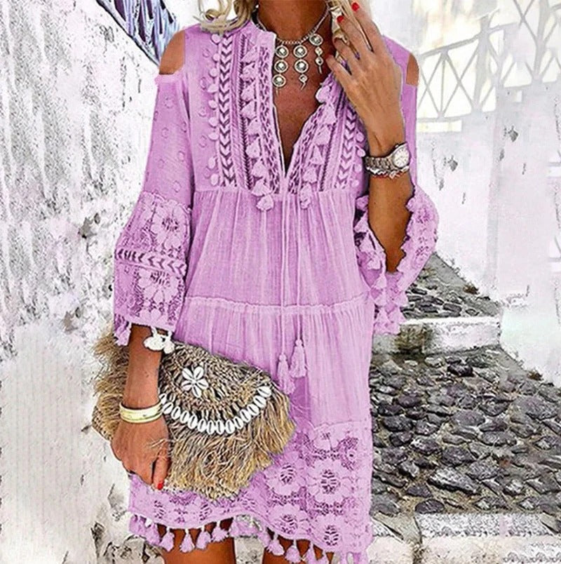Vestido de mujer de algodón y lino, corte holgado y bordado