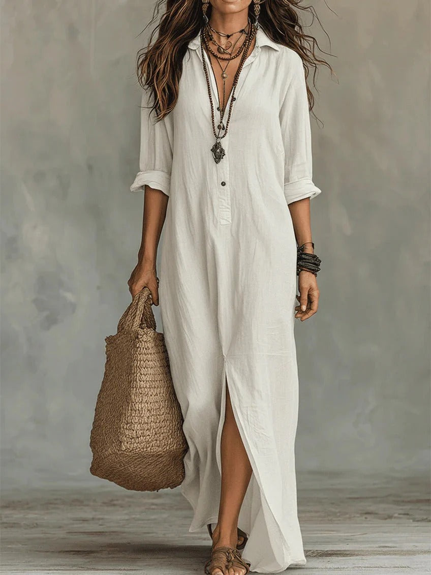 Soline™ | Vestido largo negro fluido con botones