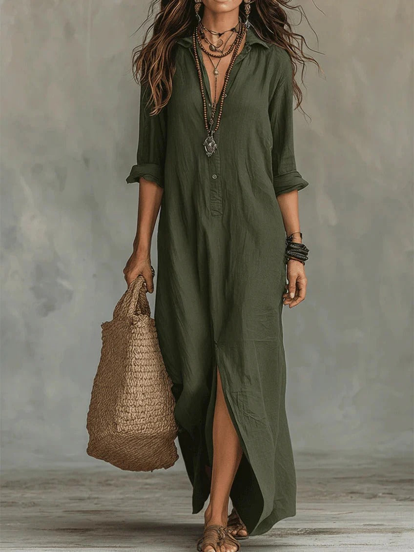 Soline™ | Vestido largo negro fluido con botones