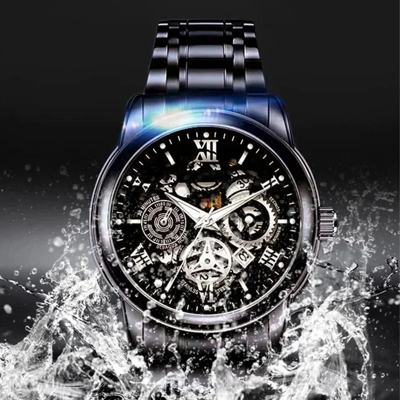 Reloj mecánico automático esqueleto romano para hombre, resistente al agua