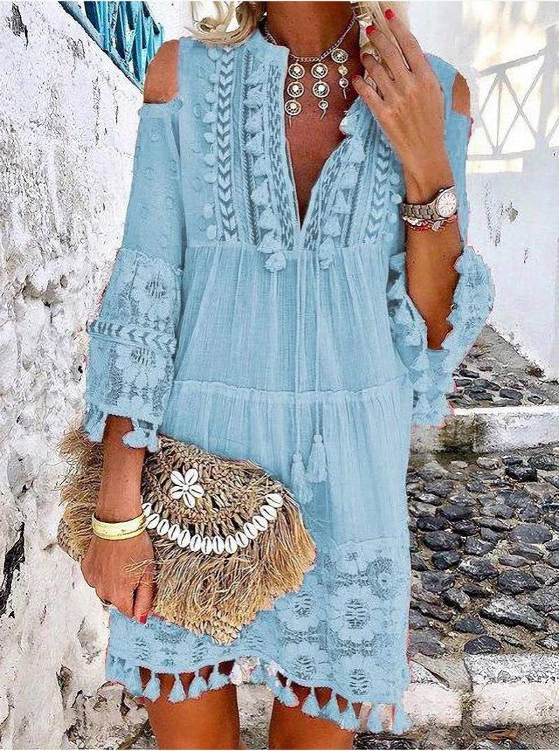 Vestido de mujer de algodón y lino, corte holgado y bordado