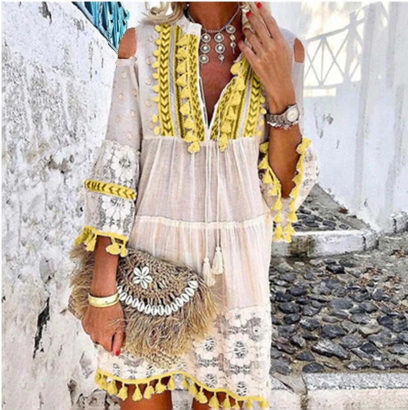 Vestido de mujer de algodón y lino, corte holgado y bordado