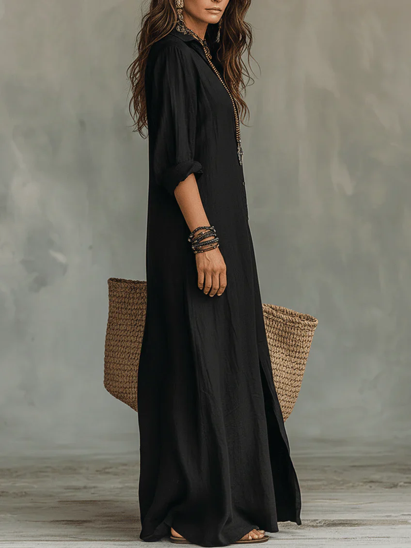 Soline™ | Vestido largo negro fluido con botones