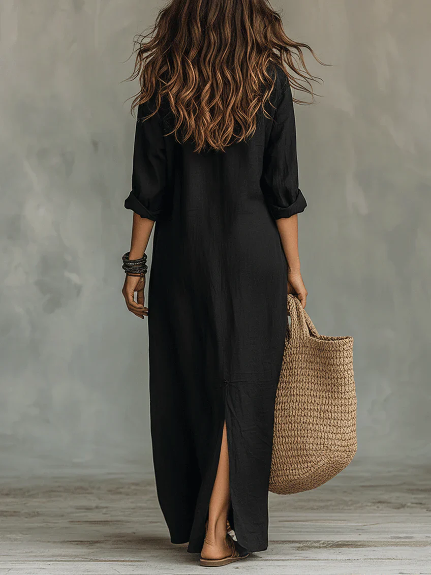 Soline™ | Vestido largo negro fluido con botones