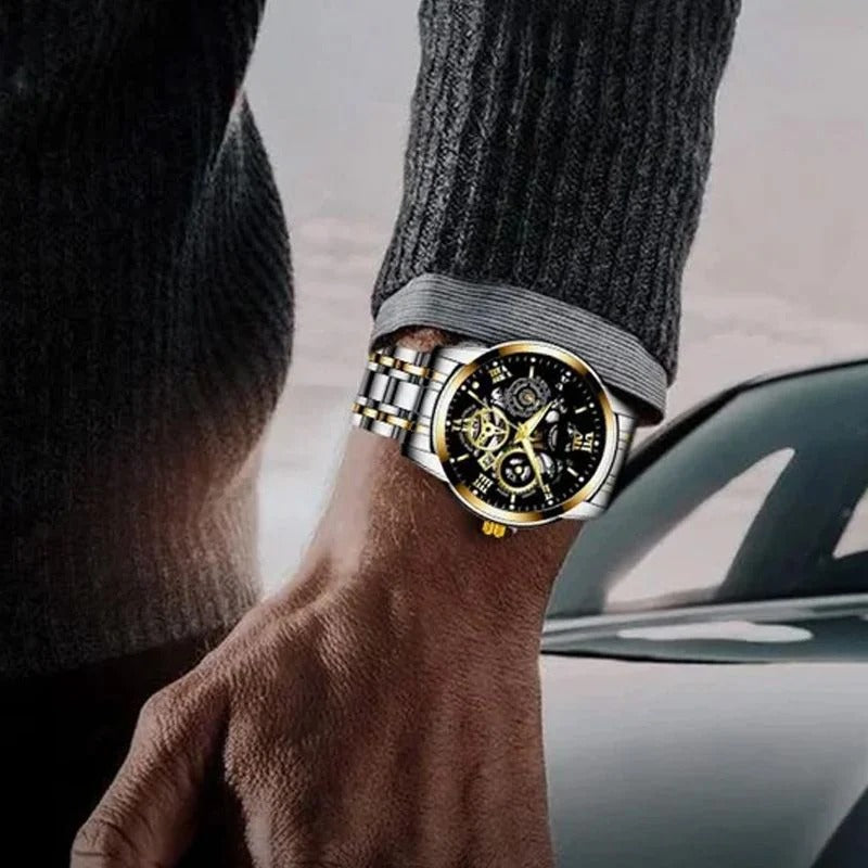 Reloj mecánico automático esqueleto romano para hombre, resistente al agua