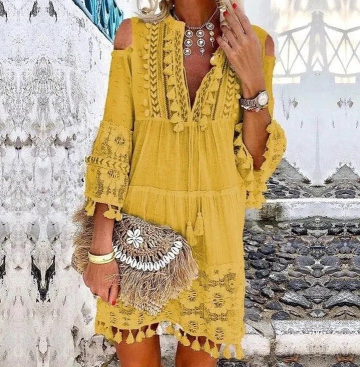 Vestido de mujer de algodón y lino, corte holgado y bordado