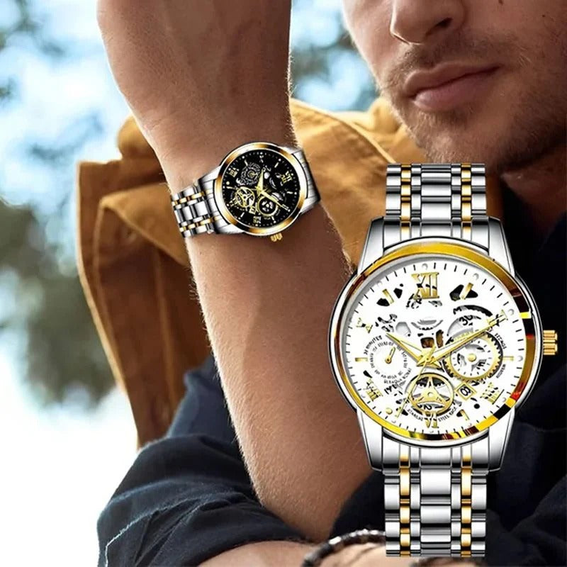 Reloj mecánico automático esqueleto romano para hombre, resistente al agua